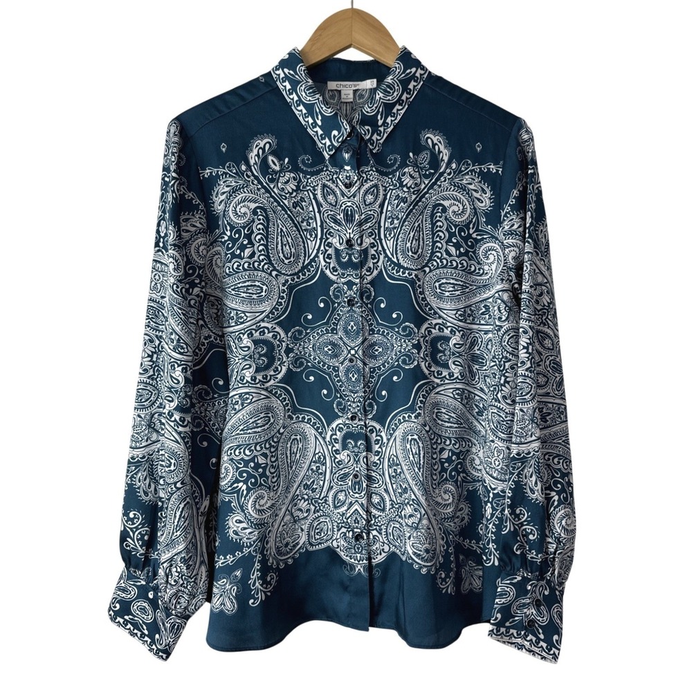 Chico's Teal Blue White Floral Paisley Button Up Shirt Women's Large Long Sleeve